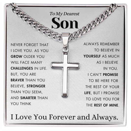 To My Son - Stronger, Braver, Smarter - Cuban Chain with Cross Necklace.