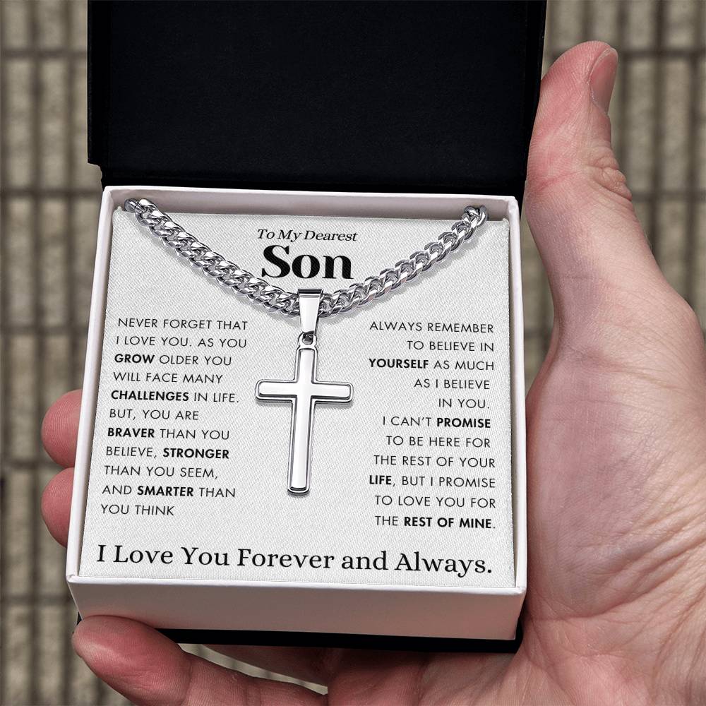 To My Son - Stronger, Braver, Smarter - Cuban Chain with Cross Necklace.