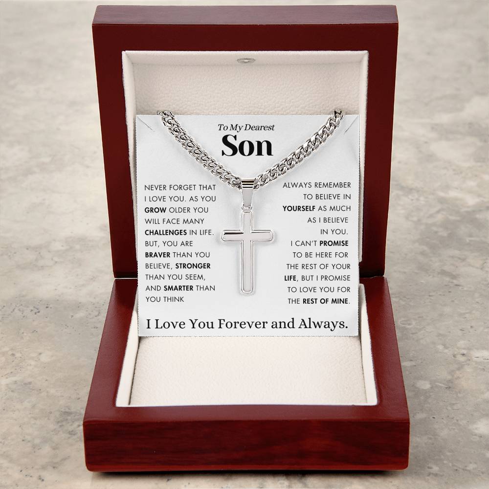 To My Son - Stronger, Braver, Smarter - Cuban Chain with Cross Necklace.