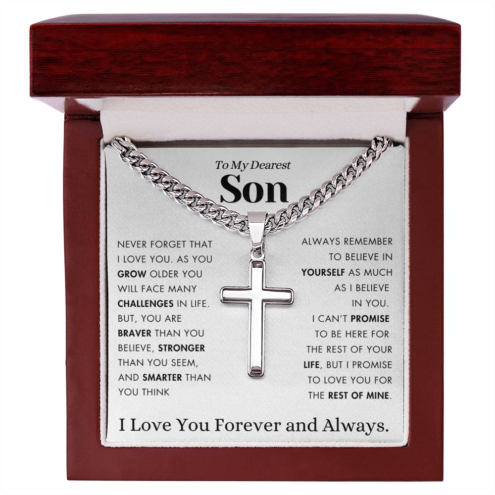 To My Son - Stronger, Braver, Smarter - Cuban Chain with Cross Necklace.