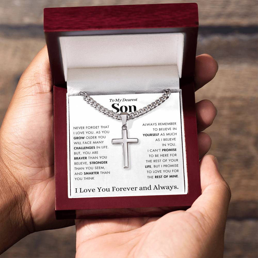 To My Son - Stronger, Braver, Smarter - Cuban Chain with Cross Necklace.